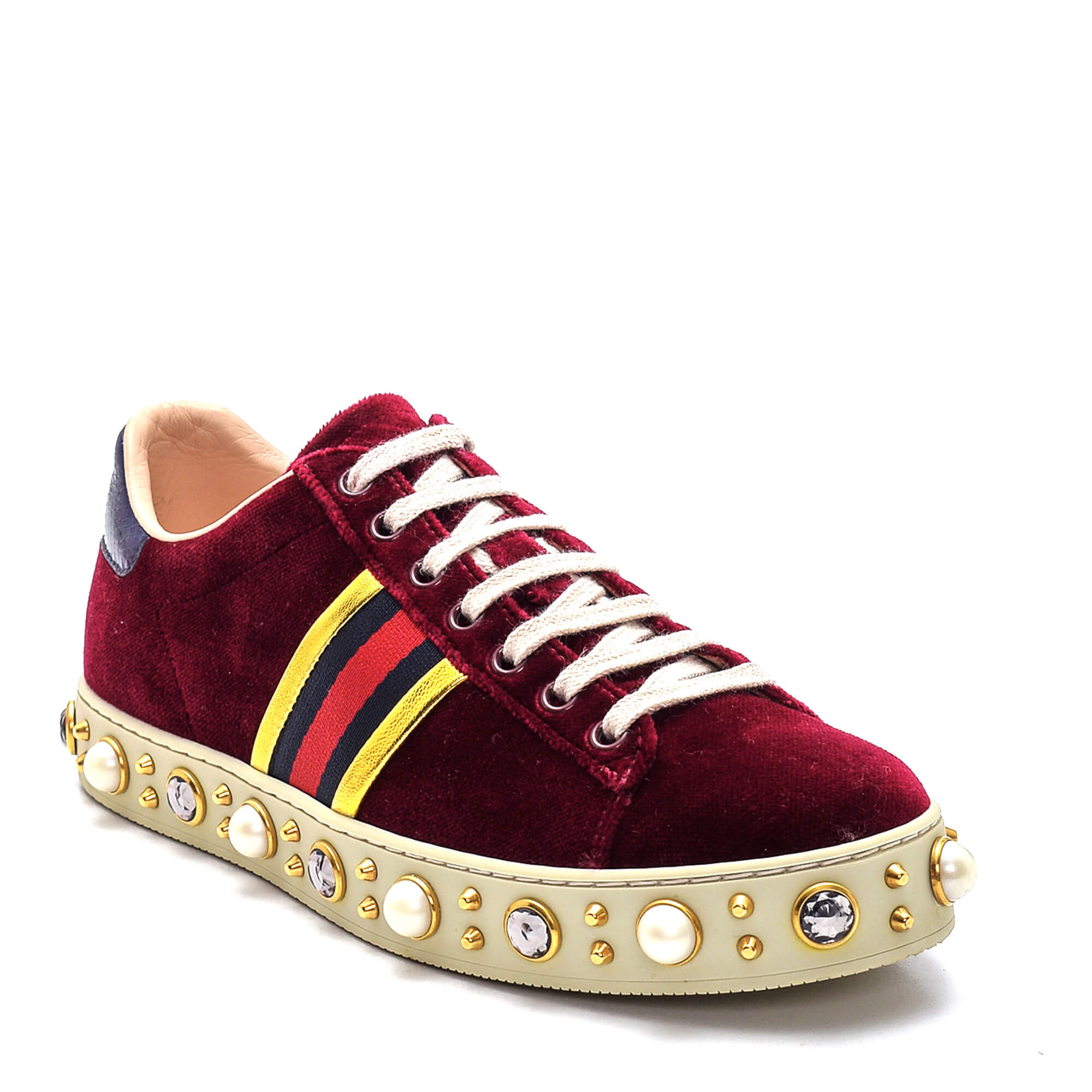 Gucci - Burgundy  New Ace Faux Pearl Embellished Velvet Sneakers /38